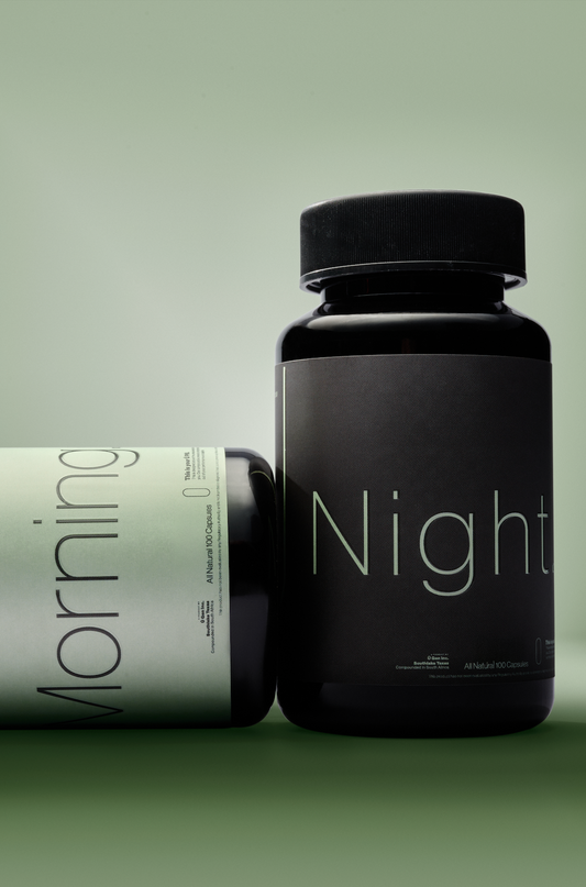 Two supplement bottles labeled 'Morning' and 'Night' on a green background