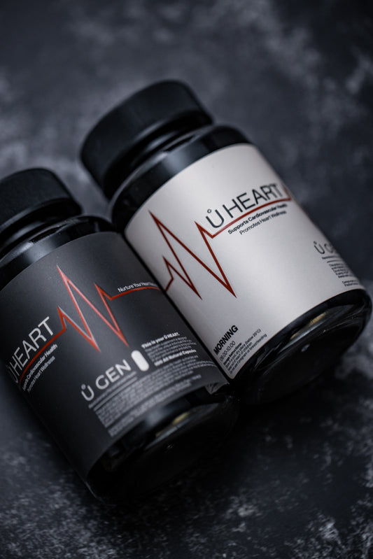 Two bottles of supplements labeled 'Š HEART', one marked as 'Morning' and the other as 'Evening', on a textured dark background.