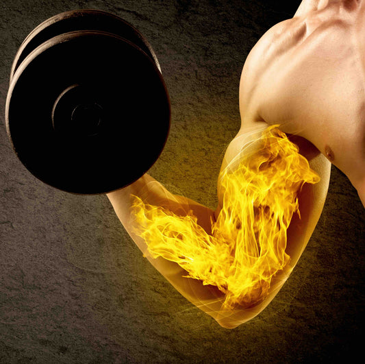 A photo of an athlete lifting a heavy dumbbell with fiery energy illuminating his arm, illustrating how Muscle Protein Synthesis builds strength and aids sports recovery.