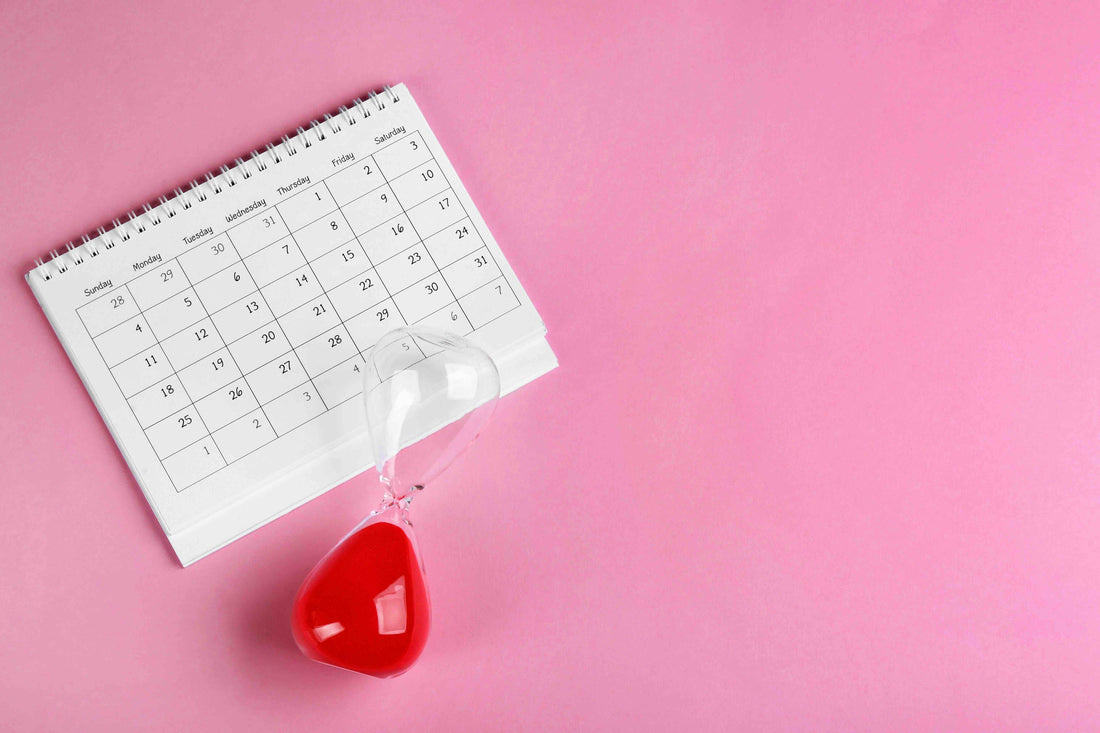 A photo of a calendar and an hourglass signaling that you are entering the perimenopause stage of menopause, and using the natural vitamin support from U GEN Wellness can help manage symptoms. 