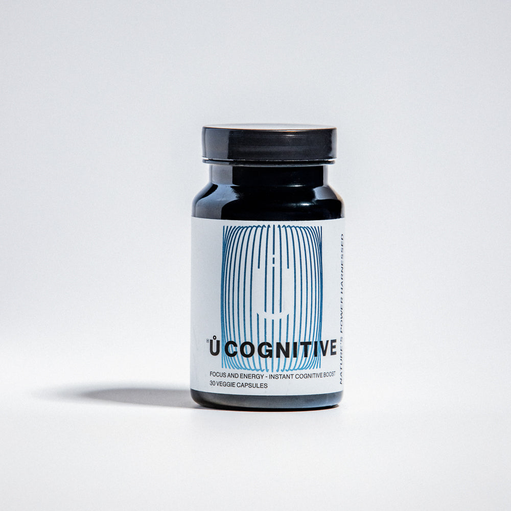 Ů COGNITIVE brain health supplement bottle for mental clarity and focus, made with high-purity plant-based ingredients.