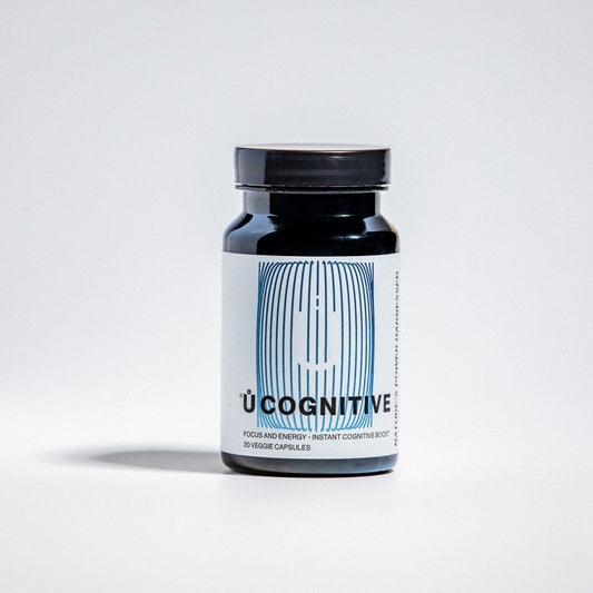 Ů COGNITIVE brain health supplement bottle for mental clarity and focus, made with high-purity plant-based ingredients.