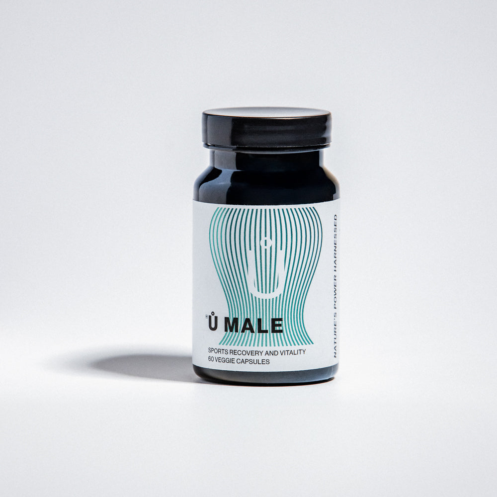 Ů MALE supplement for sports recovery and daily vitality, designed for active men.